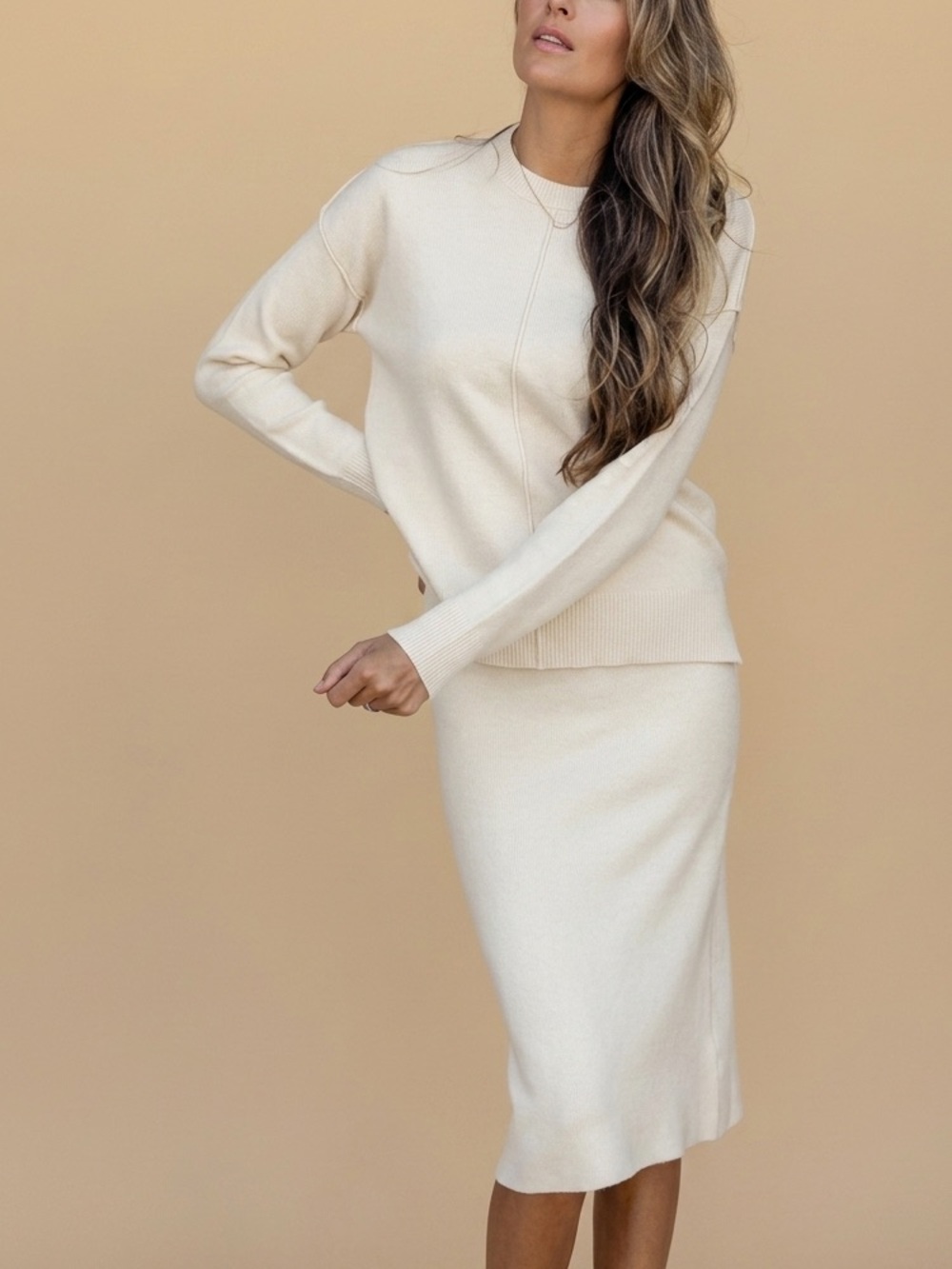 ROOLEE Cream Knit Midi Pencil Skirt Minimalist